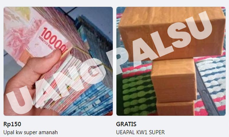 Tangkapan layar uang palsu yang dijual di media sosial Facebook.