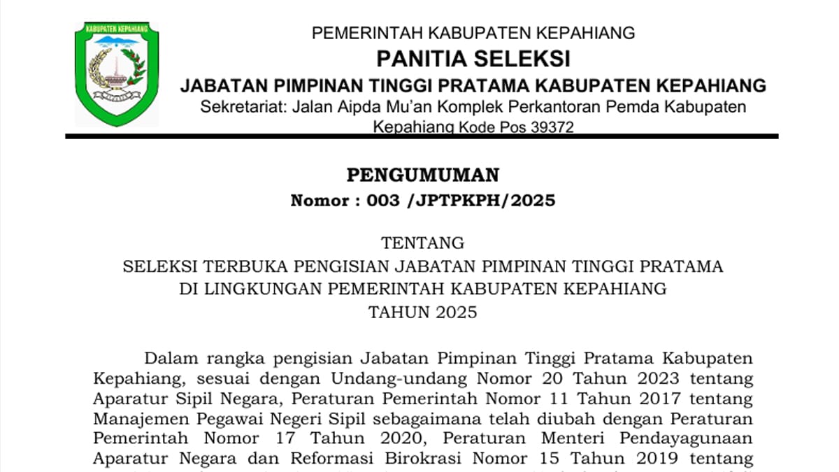 Pemerintah Kabupaten Kepahiang resmi mengumumkan seleksi terbuka Jabatan Pimpinan Tinggi Pratama 2025. Foto tangkapan layar - Ngenelo.net