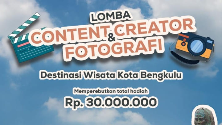 Pemerintah Kota Bengkulu melalui Dinas Pariwisata menggelar lomba konten kreator dengan hadiah total Rp30 Juta.