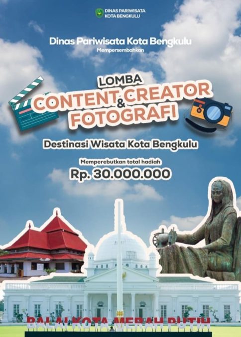 Pemerintah Kota Bengkulu melalui Dinas Pariwisata menggelar lomba konten kreator dengan hadiah total Rp30 Juta.