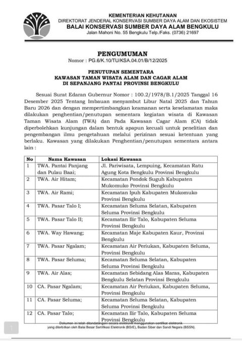 Pengumuman penutupan sementara sejumlah kawasan wisata alam dan cagar alam di sepanjang wilayah Provinsi Bengkulu.