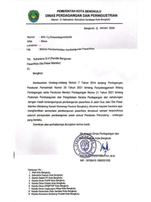 Surat permohonan penghentian sementara pembangunan pasar/kios di kawasan eks Pasar Mambo.