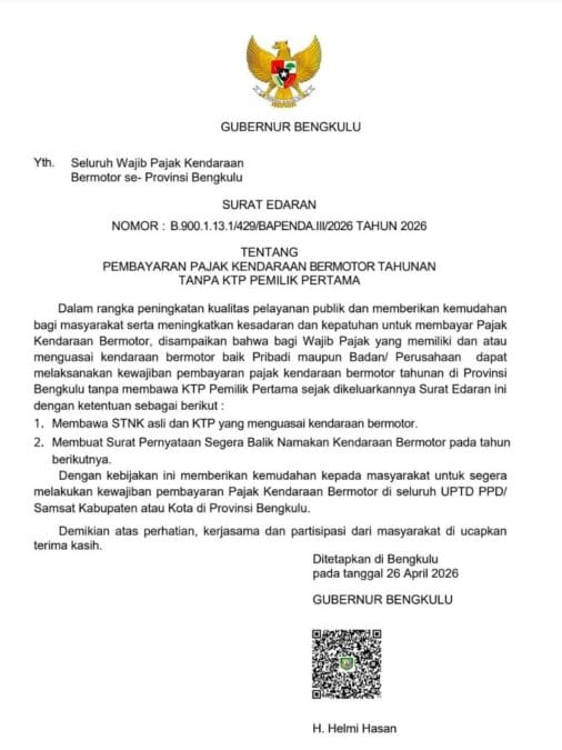 Surat edaran pembayaran pajak kendaraan bermotor di Bengkulu