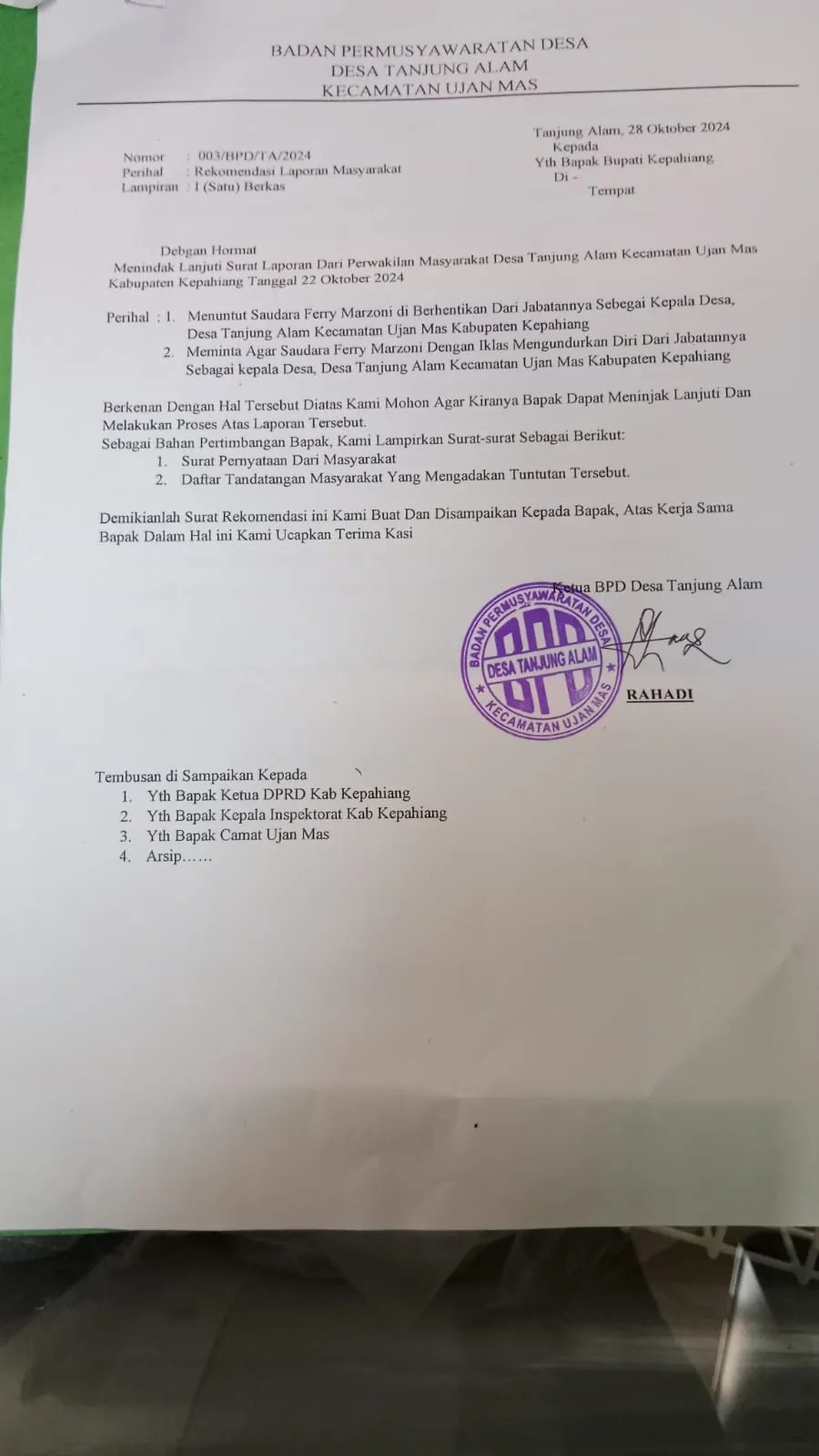 Surat dari BPD terkait desakan mundur terhadap Kades Tanjung Alam Kepahiang