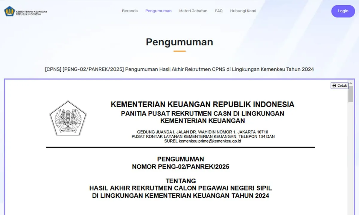 Pengumuman Seleksi CPNS 2025, Hasil Akhir Rekrutmen Kemenkeu 2024 - Ngenelo.net