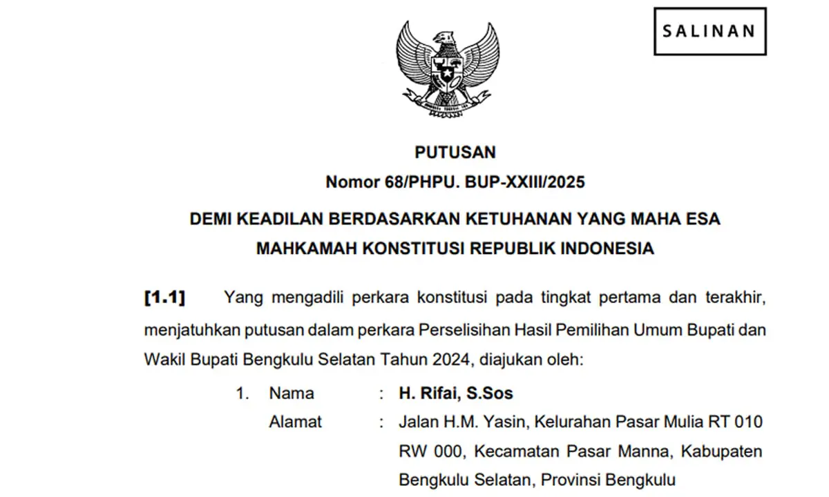 Putusan MK Pilkada Bengkulu Selatan: Gusnan di Diskualifikasi, Pemungutan Suara Ulang Dalam 60 Hari Kedepan - Ngenelo.net