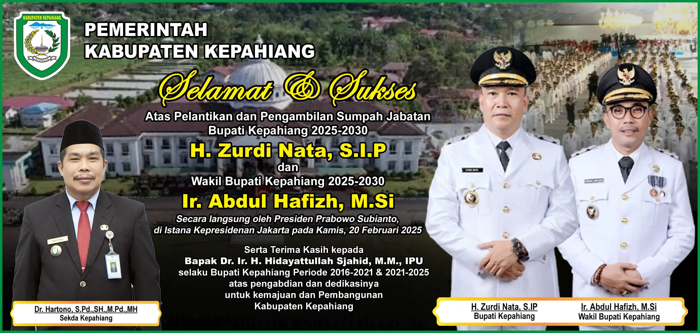 Banner Pemda Kabupaten Kepahiang, Pelantikan dan Pengambilan Sumpah Jabatan Bupati dan Wakil Bupati Kepahiang 2025-2030.