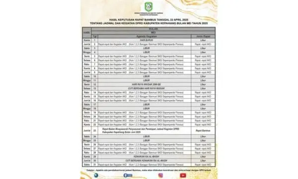 Jadwal Kegiatan Bulan Mei 2025 DPRD Kabupaten Kepahiang.