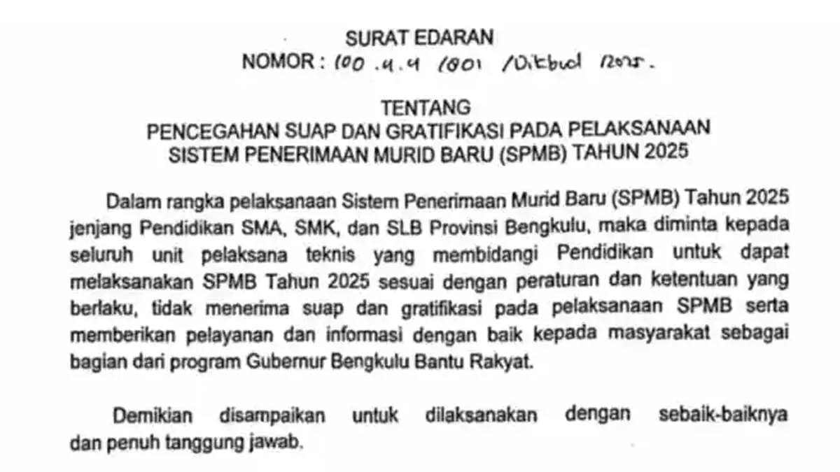 SE Gubernur Tentang SPMB Bengkulu 2025.