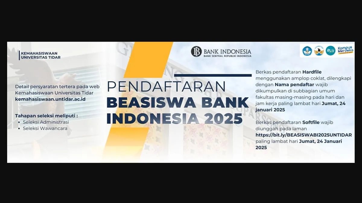 Pendaftaran Beasiswa Bank Indonesia 2025 resmi di buka hingga 29 Juli.