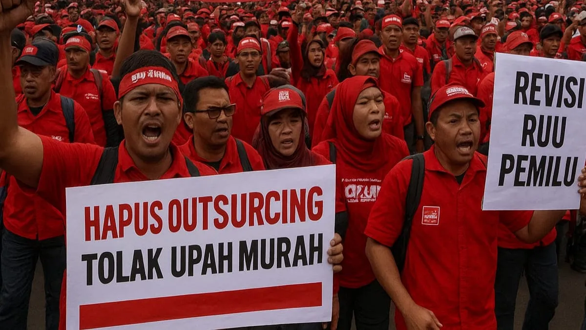Demo buruh fokus di depan gedung DPRD RI.
