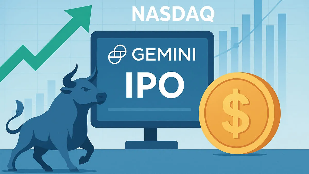 Ilustrasi IPO Gemini di Nasdaq dengan simbol banteng, grafik saham naik, koin dolar, dan nuansa biru hijau yang menggambarkan lonjakan saham kripto. Foto - Ngenelo.net