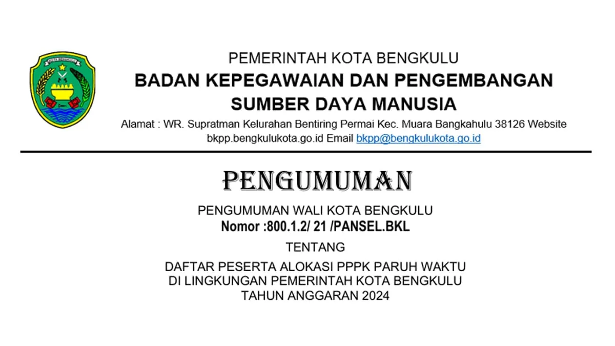 Pemerintah resmi mengumumkan daftar peserta PPPK paruh waktu Kota Bengkulu tahun anggaran 2024. Foto tangkapan layar-Ngenelo.net