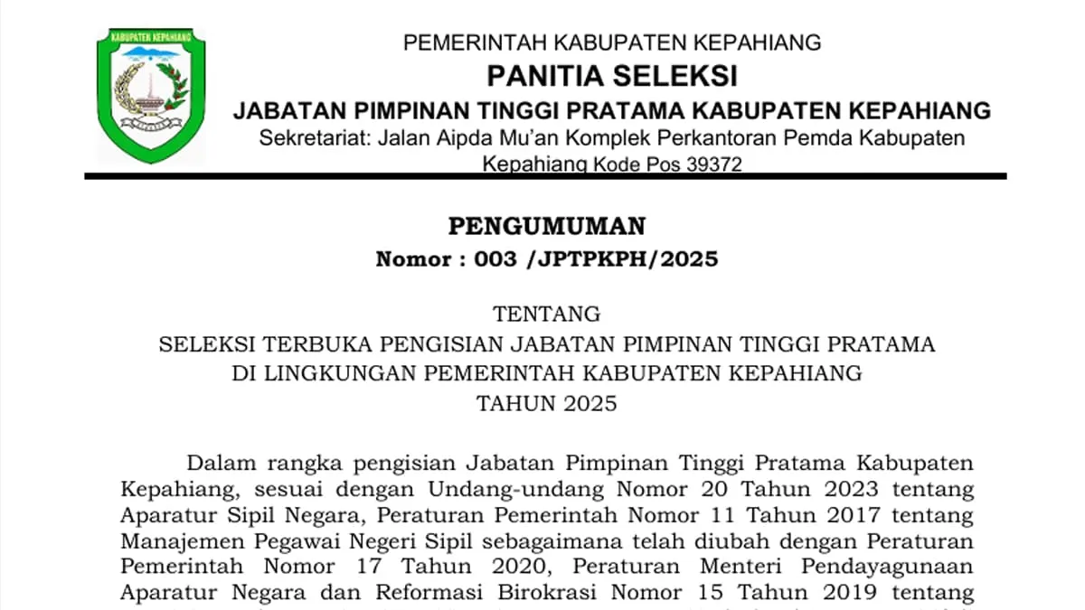 Pemerintah Kabupaten Kepahiang resmi mengumumkan seleksi terbuka Jabatan Pimpinan Tinggi Pratama 2025. Foto tangkapan layar - Ngenelo.net
